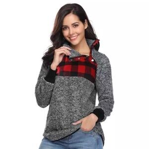 Fleece Gray Red‎ Checkered Sweater XL Cozy Gingham Sherpa Winter Holiday Cozy